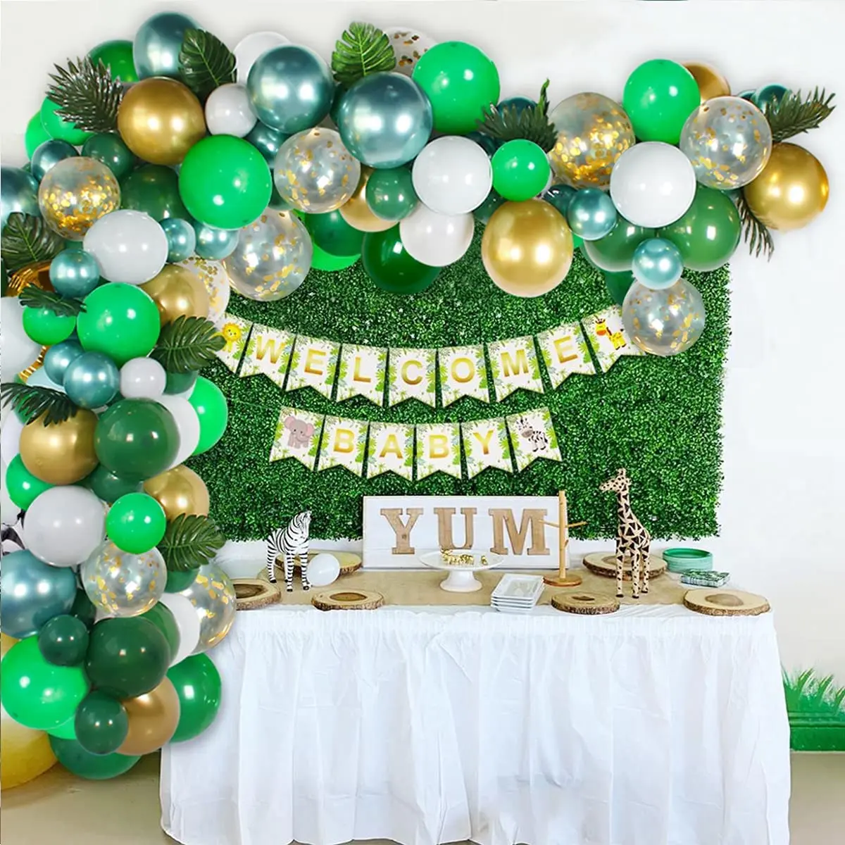114 pcs Jungle Forest Balloon Green Balloons and Gold Confetti with Palm Leaves for Birthday Party Decorations Baby Shower
114 pcs Jungle Forest Balloon Green Balloons and Gold Confetti with Palm Leaves for Birthday Party Decorations Baby Shower