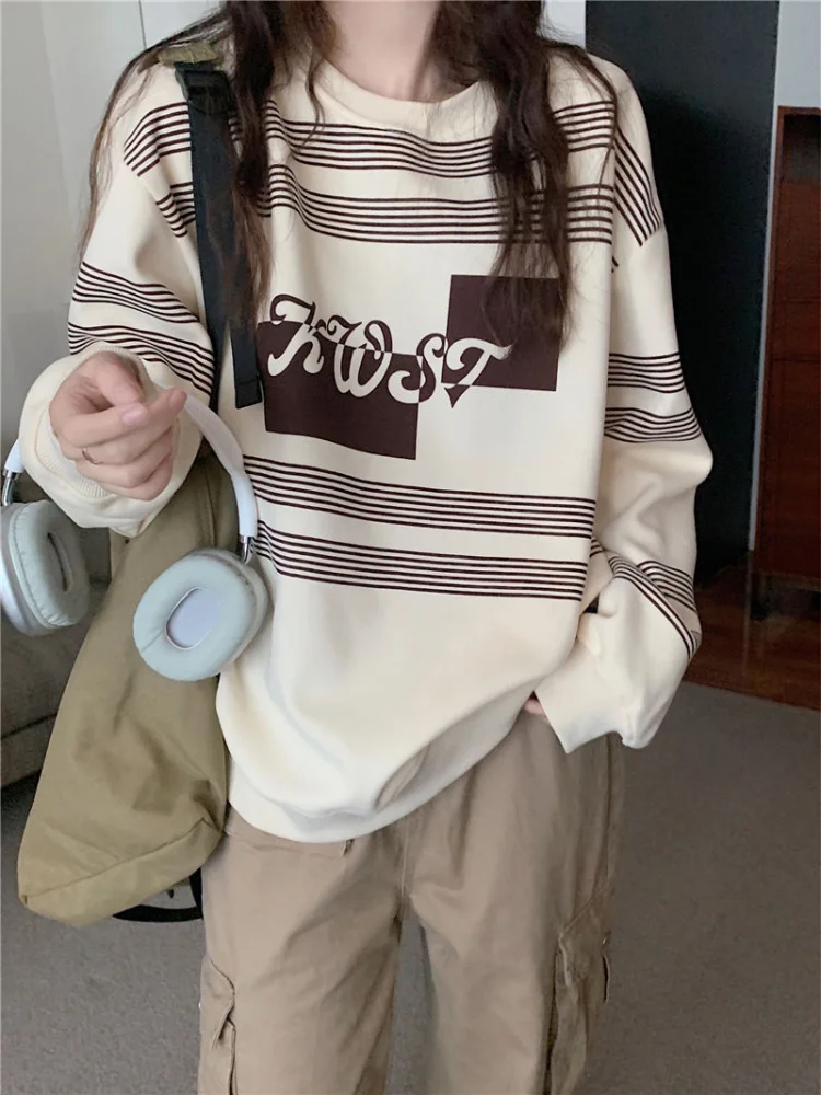 HOUZHOU Vintage Beige Striped Sweatshirts Women Harajuku Korean Fashion Oversized Pullover Hoodie Female Long Sleeve Tshirts
HOUZHOU Vintage Beige Striped Sweatshirts Women Harajuku Korean Fashion Oversized Pullover Hoodie Female Long Sleeve Tshirts