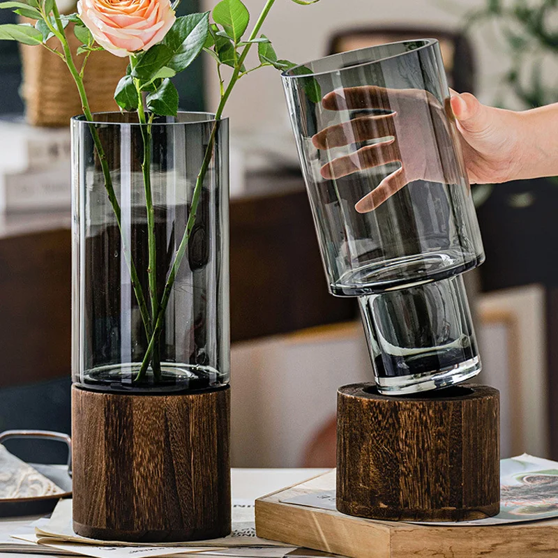 

Simple European-style vase flowers rose lily home living room dining table flower arrangement wooden base transparent glass vase