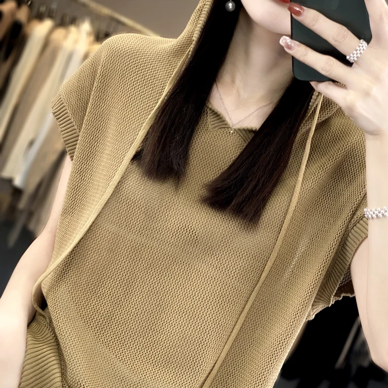 Women's T-shirt summer new wool short-sleeved Tees casual solid color knitwear hooded collar ladies Tops repair loose Blouse
Women's T-shirt summer new wool short-sleeved Tees casual solid color knitwear hooded collar ladies Tops repair loose Blouse
