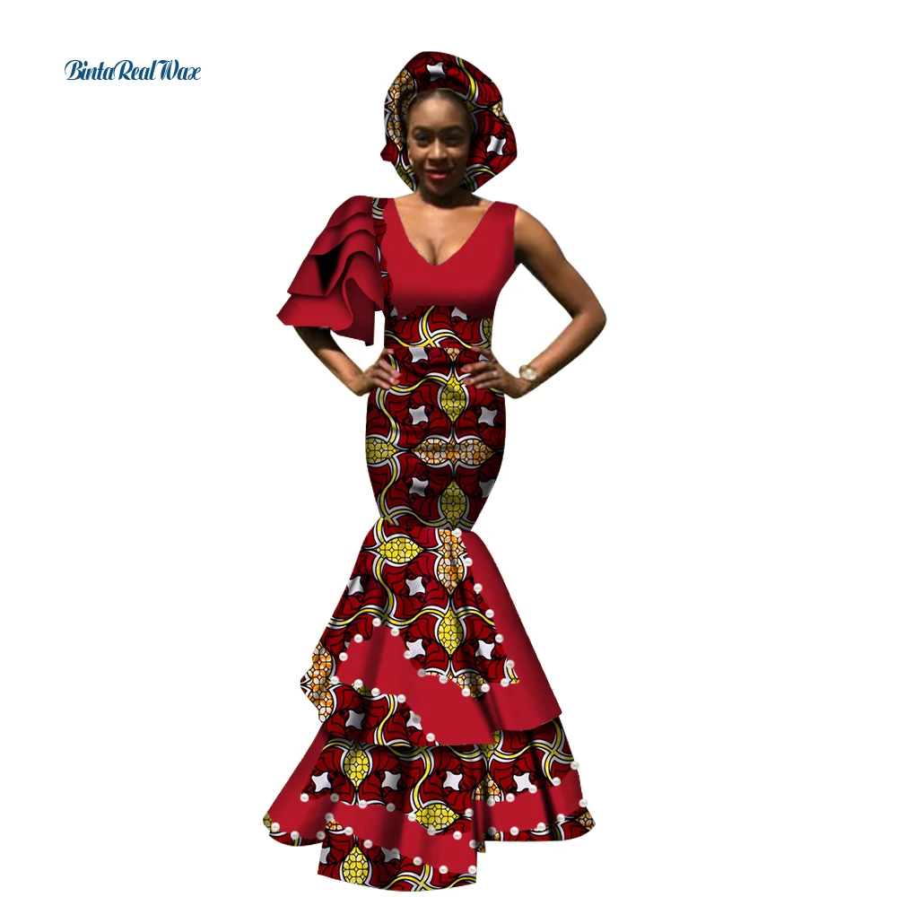 

Африканские платья для женщин базин богатый традиционный Африканский Воск Принт длинные платья русалки Женская одежда с оборками рукава WY2737