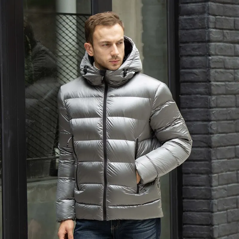 

Дизайнерский мужской пуховик, зимняя куртка, утепленная теплая зимняя куртка, мужской 90% белый гусиный пух, блестящий пуховик для мужчин