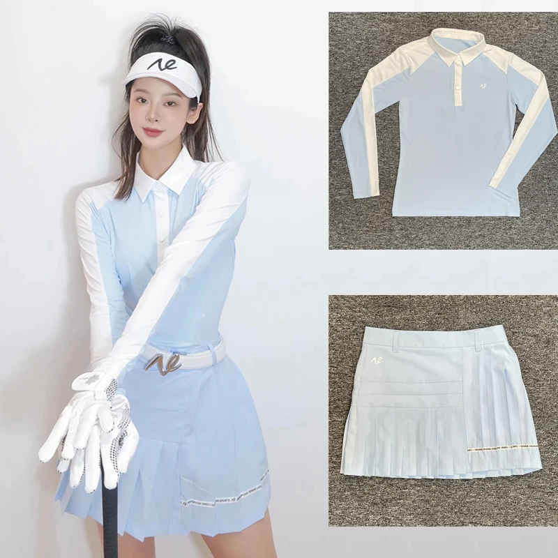 

Summer Golf Women's Short-sleeved T-shirt Anti-glare Skirt Sports Quick-drying Sunscreen Short Skirt Fashion Blue Suit