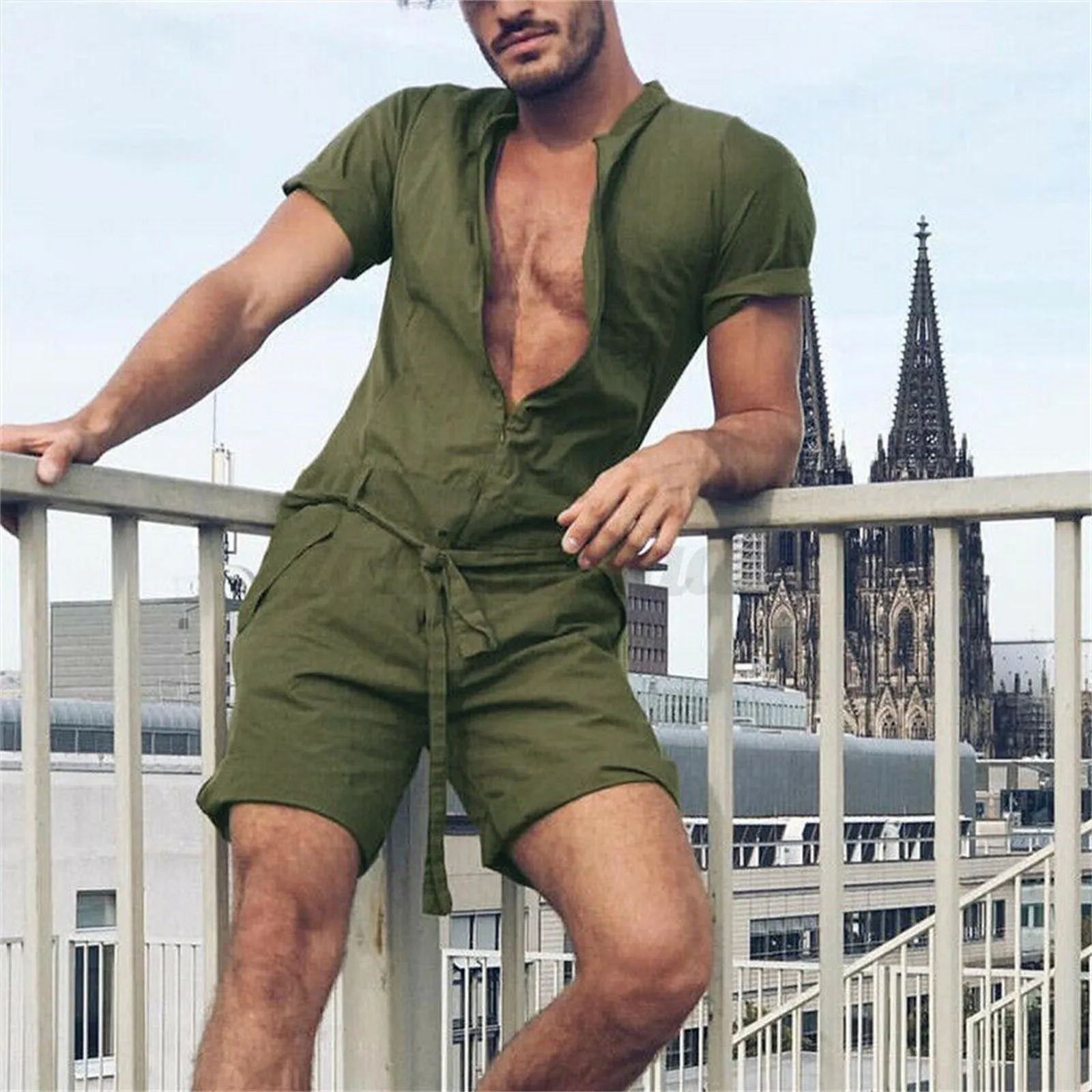 Summer Loose Men Short Sleeve Button Single-breasted Short Trousers Belt Jumpsuit Streetwear Vintage Casual Shorts Cargo Overall
Summer Loose Men Short Sleeve Button Single-breasted Short Trousers Belt Jumpsuit Streetwear Vintage Casual Shorts Cargo Overall