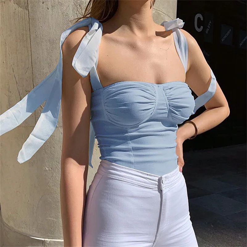 

Summer Sexy Bow-knot Strap Camisole Fashion Blue Black White Short Crop Top Tank Slash Neck Lace Up Sling Camis Bottoming Shirt