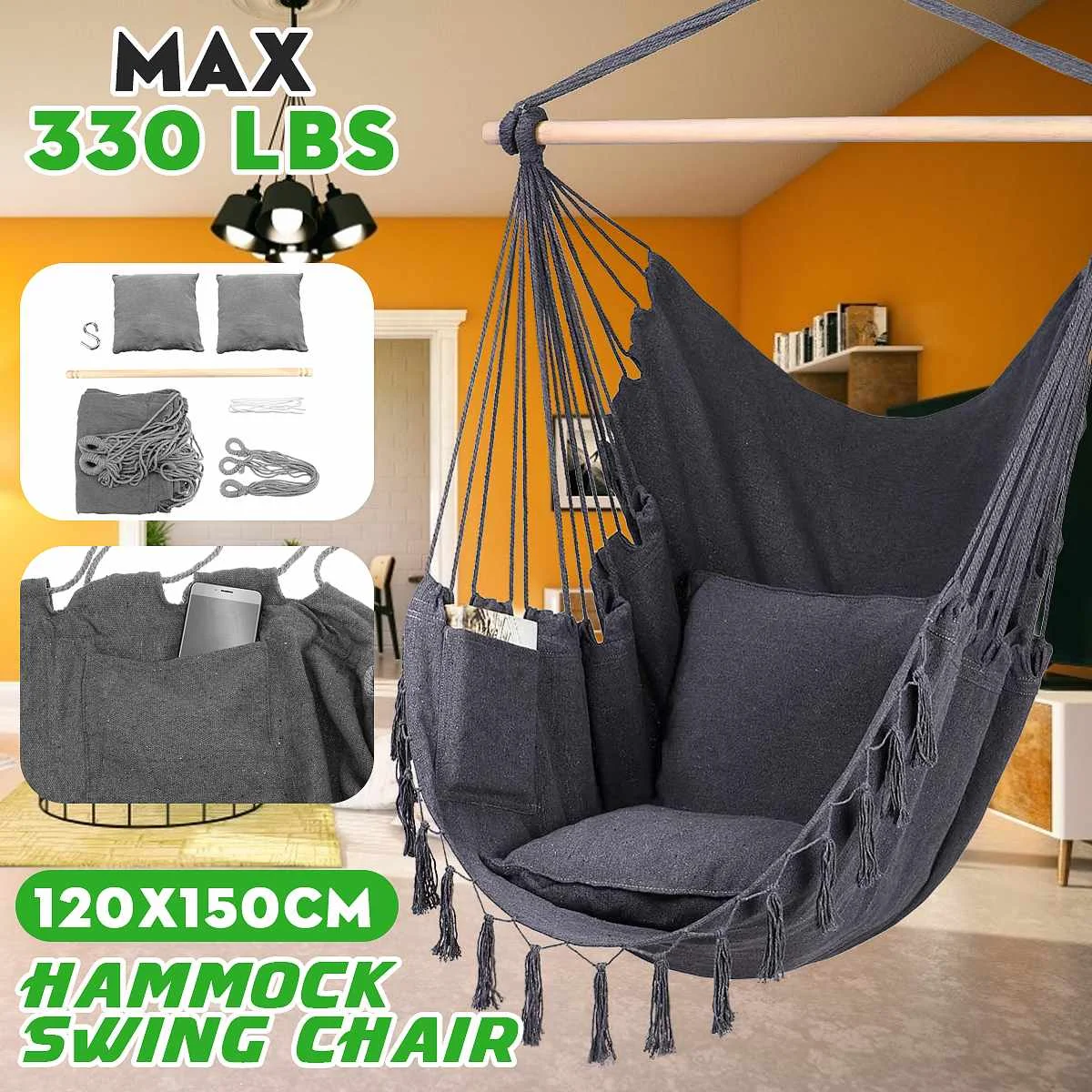 150KG Hammock Chair Hanging Rope Swing Bed Outdoor Indoor Home Decor Swing Chair With 2 Pillow Garden Hammock
150KG Hammock Chair Hanging Rope Swing Bed Outdoor Indoor Home Decor Swing Chair With 2 Pillow Garden Hammock