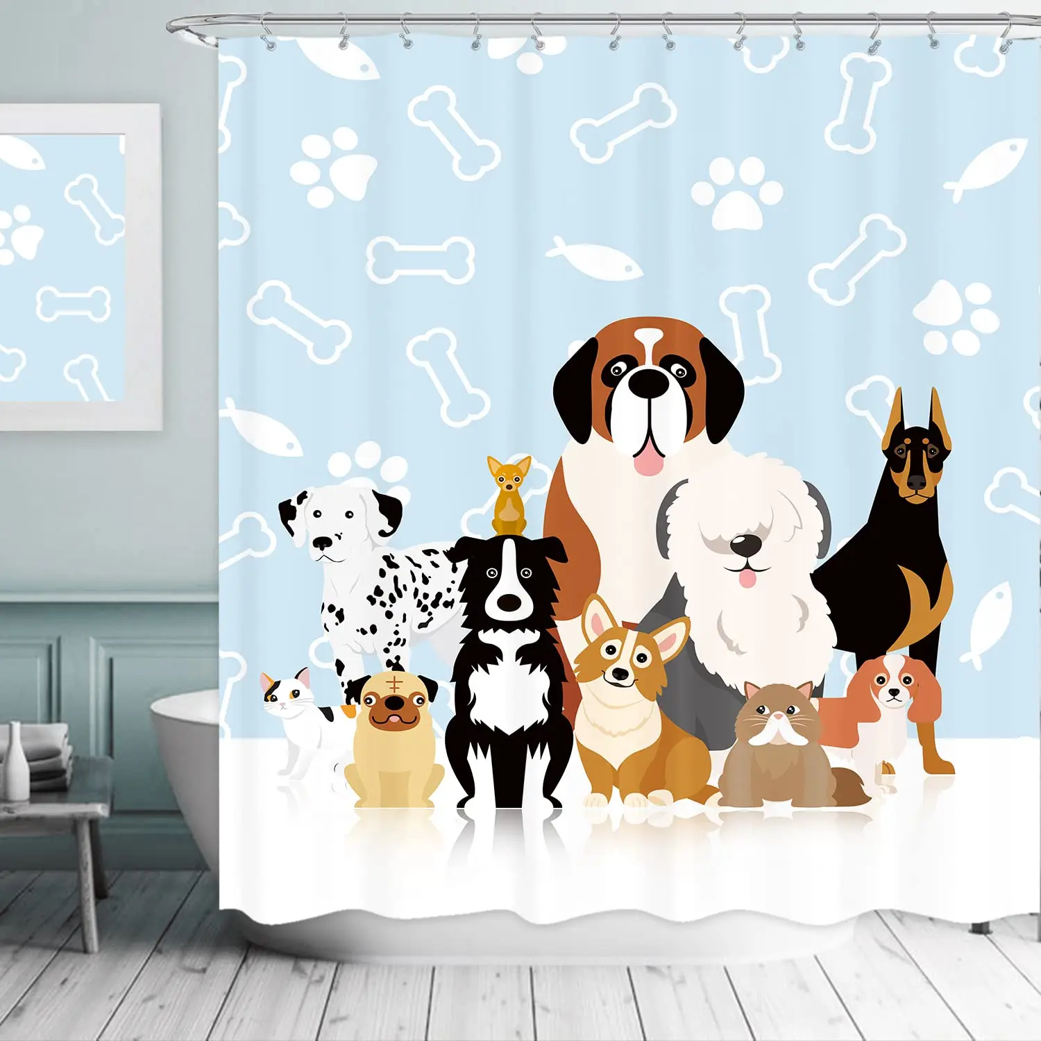 

Funny Dog Shower Curtain Blue Ocean Shower Curtains with Animal Octopus Starfish Turtle Anchor Fish Nautical Bathroom Curtains