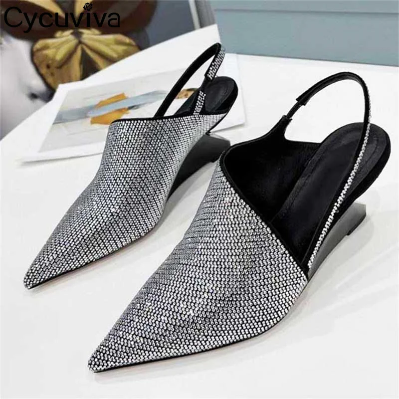 

Sexy Women Formal Dress Wedges Heel Shoes Crystal Sandals Pointy Toe Slingback Pumps Shoes Rhinestone Runway Party Shoes Mujer