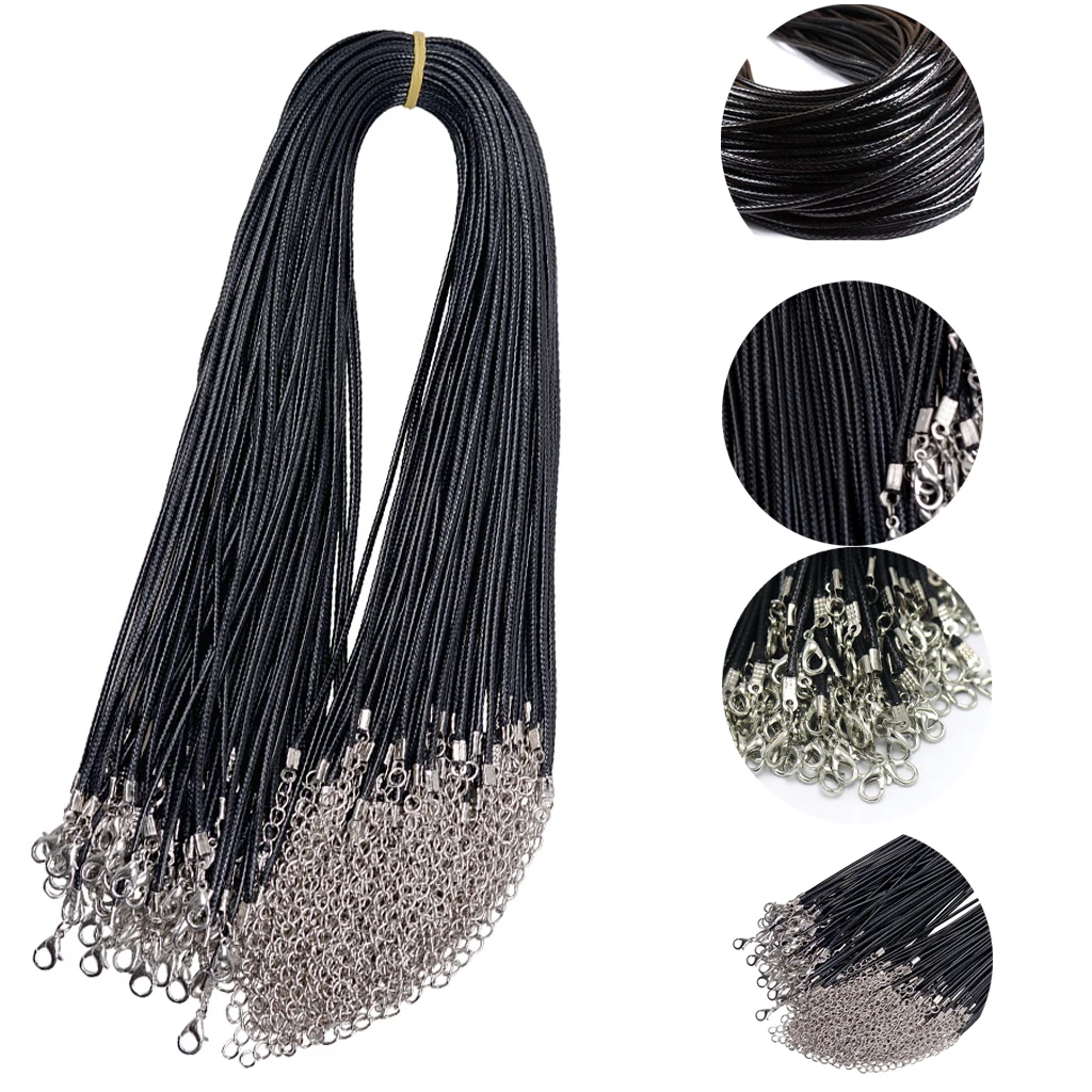

100pcs Braided Adjustable Black Leather Rope Wax Cord DIY Handmade Necklace Pendant Lobster Clasp String Cord Jewelry Chains