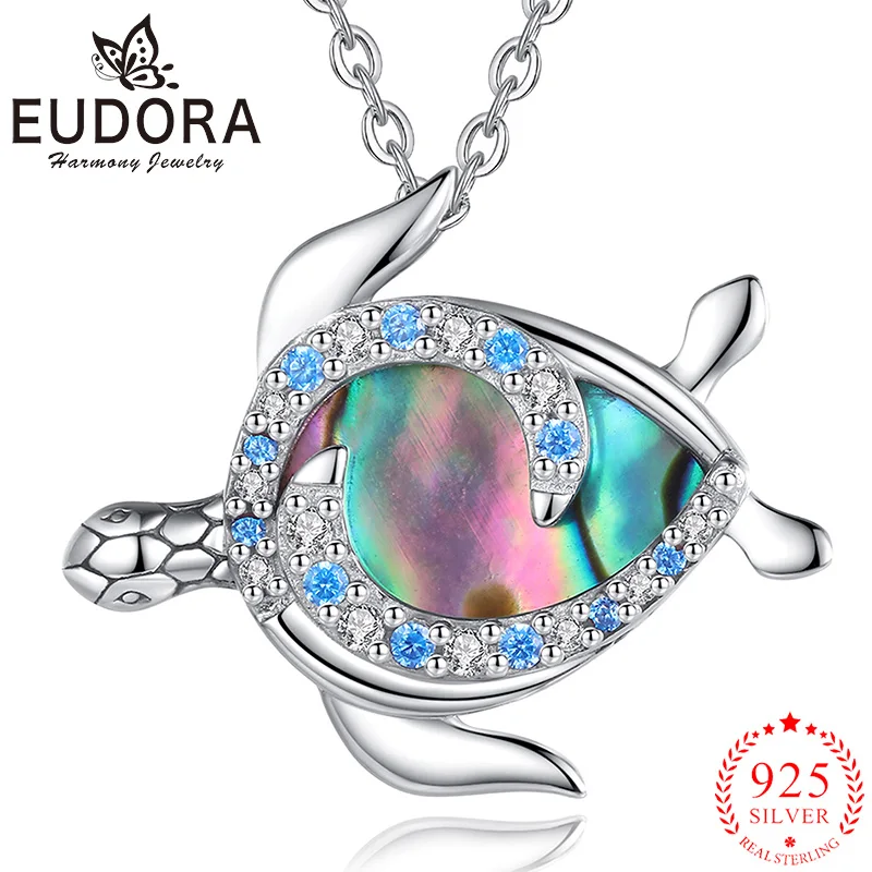

Eudora Real 925 Sterling Silver Sea Turtle Necklace Colorful Abalone Shell Women's Jewelry Blue Zircon Pendant Beautiful Gift