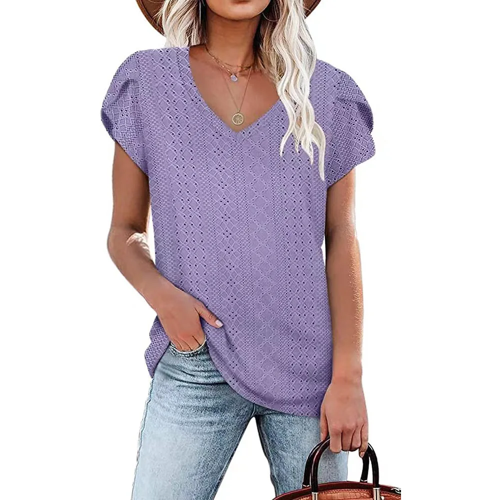 Spring and summer new solid color V-neck tile sleeves loose short sleeve T-shirt top woman playing cards
Spring and summer new solid color V-neck tile sleeves loose short sleeve T-shirt top woman playing cards