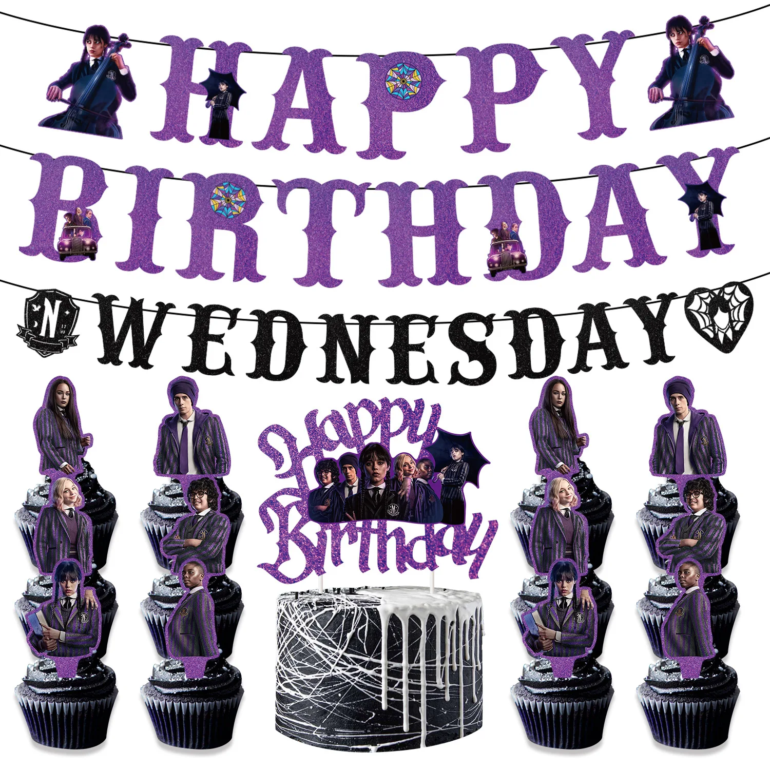 Wednesday Addams Movie Theme Birthday Party Supplies Character Banner Garland Cake Flags Suit Party Decoration Site Layout
Wednesday Addams Movie Theme Birthday Party Supplies Character Banner Garland Cake Flags Suit Party Decoration Site Layout