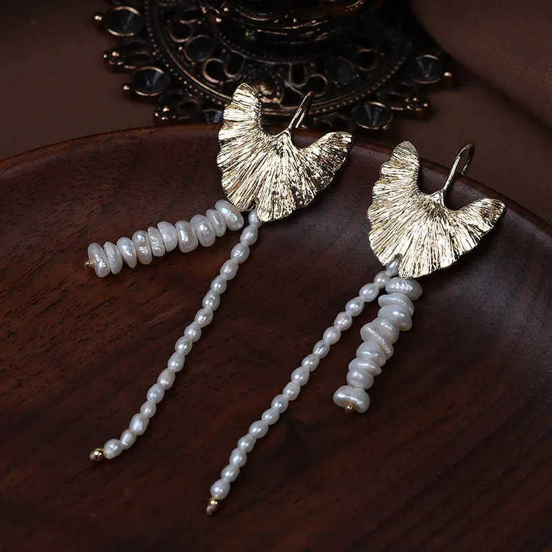 

Statement Real Baroque Natural Pearl Earrings for Women Ginkgo Leaf Charm Small White Pearls Tassel Drop Earrings Boho Vintage