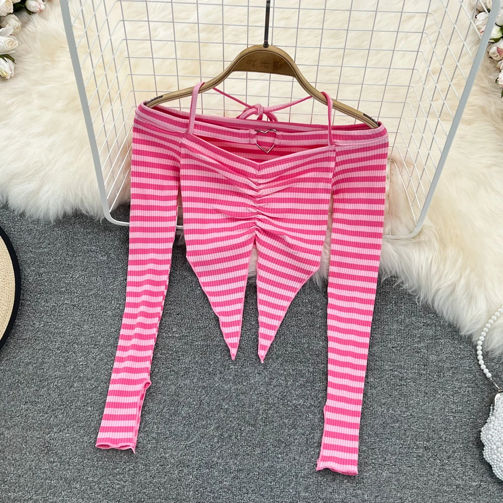 Spice Girl Sexy Pink Stripe Hanging Neck Long Sleeve T-shirt with Irregular Open Shoulder Slim Fit Short Open Navel Top Women
Spice Girl Sexy Pink Stripe Hanging Neck Long Sleeve T-shirt with Irregular Open Shoulder Slim Fit Short Open Navel Top Women