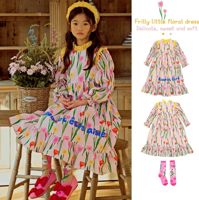 

Платье для девочек, новинка 2023, весенние розовые кружевные Детские платья с принтом, корейская мода, Детская Милая юбка принцессы, детская о...