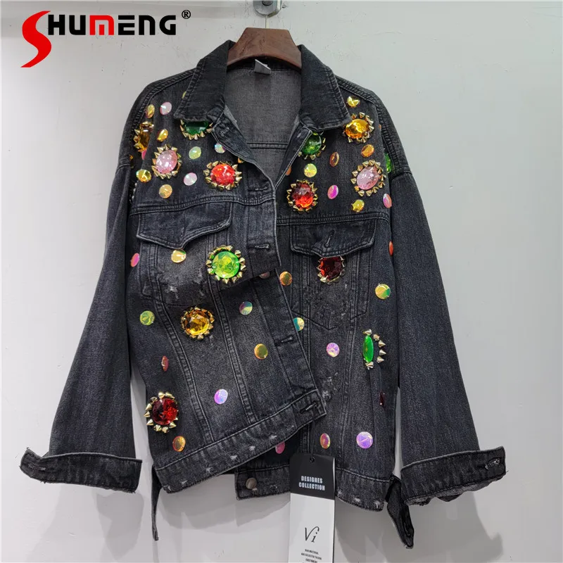 European Black Jean Coat Women 2023 Autumn New Female Clothing Heavy Industry Nail Gem Loose Slimming Long Sleeves Denim Jacket
European Black Jean Coat Women 2023 Autumn New Female Clothing Heavy Industry Nail Gem Loose Slimming Long Sleeves Denim Jacket