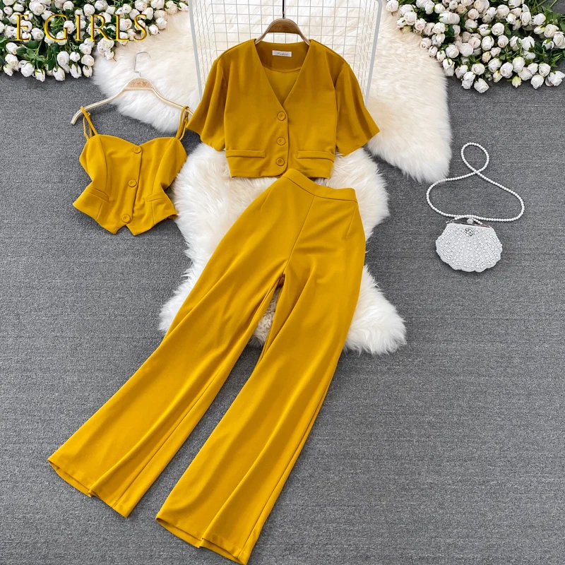 E GIRLS Vintage Women Three Pieces Set V-Neck Short Blouse + Strap Camis + Wide Leg Pants Suit Green/Red/Yellow Spring Fall 2022
E GIRLS Vintage Women Three Pieces Set V-Neck Short Blouse + Strap Camis + Wide Leg Pants Suit Green/Red/Yellow Spring Fall 2022