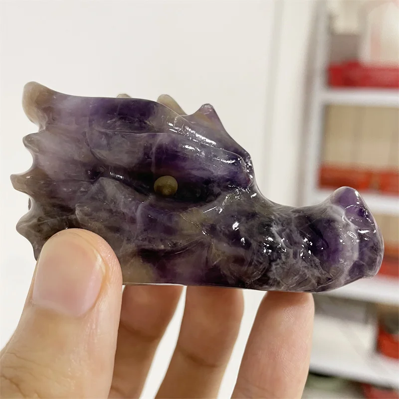 

Natural Healing Crystal Carving Dream Amethyst Dragon Head Skulls Figurine Crafts Gift Home Decoration 1pcs