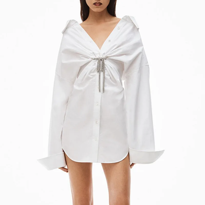 Женское платье-рубашка с бантом, весеннее элегантное дизайнерское мини-платье с цепочкой со стразами, 2023
Женское платье-рубашка с бантом, весеннее элегантное дизайнерское мини-платье с цепочкой со стразами, 2023