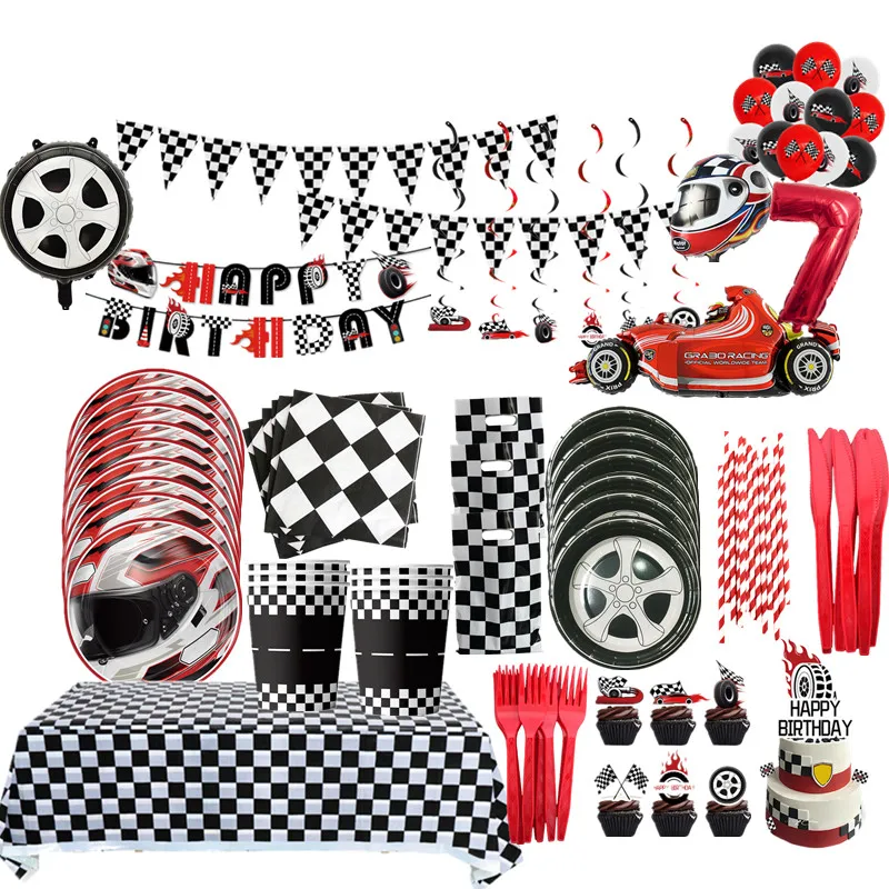 

Race Car Birthday Dec Black White Checkered Red Helmet motorcycle Helmet Tableware Paper Plates Napkins Cups boys Party Supplie