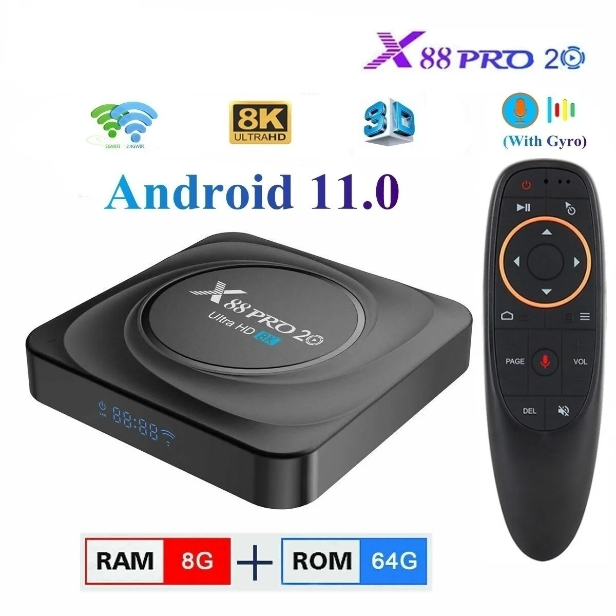 

Android 11 TV Box X88 Pro 20 Rockchip RK3566 8GB RAM 128GB ROM Media Player 8K 2.4G 5.8G WIFI Google Voice Assistant Set Top Box