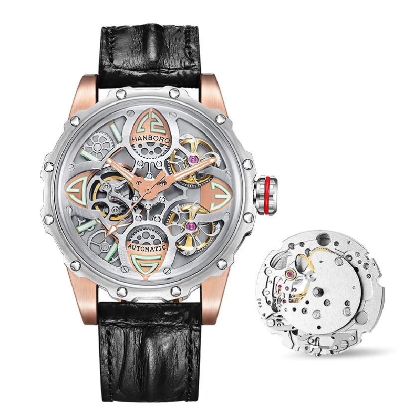

HANBORO Men Automatic Watch Luxury Watches Mechanical Wristwatch Fashion 50m Waterproof Luminous Skeleton Dial NH38