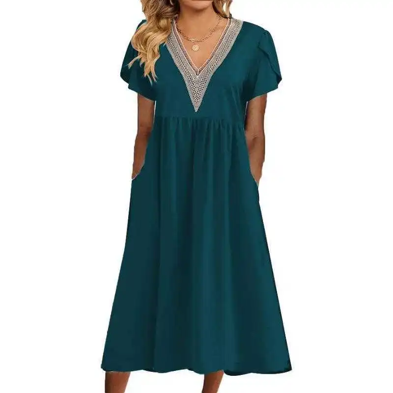 Summer Ladies Fashion Elegant Casual Dresses V Neck Lace Pocket Short Sleeve Dress
Summer Ladies Fashion Elegant Casual Dresses V Neck Lace Pocket Short Sleeve Dress