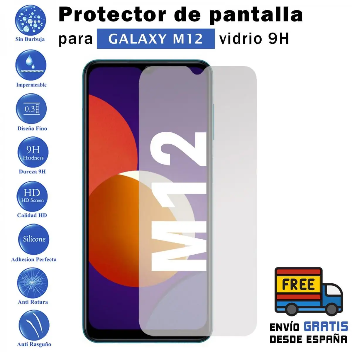 Samsung Galaxy M12 tempered glass screen Protector 9H for movil - Todotumovil
Samsung Galaxy M12 tempered glass screen Protector 9H for movil - Todotumovil