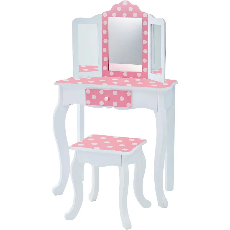 

Teamson Kids Pretend Play Kids Vanity,Table and Chair Vanity Set with Mirror Makeup Dressing Table,with Drawer Fashion Polka Dot