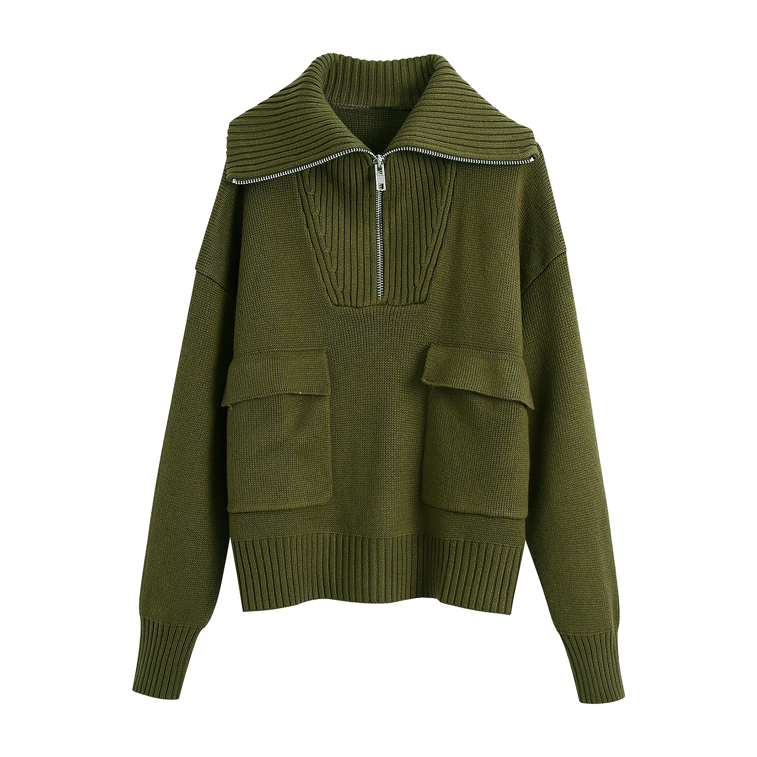 Women's Fall Zipper, Lapel, Long Sleeves, Double Pocket, Lantern, Sleeve Hem Sweater Pullover
Women's Fall Zipper, Lapel, Long Sleeves, Double Pocket, Lantern, Sleeve Hem Sweater Pullover