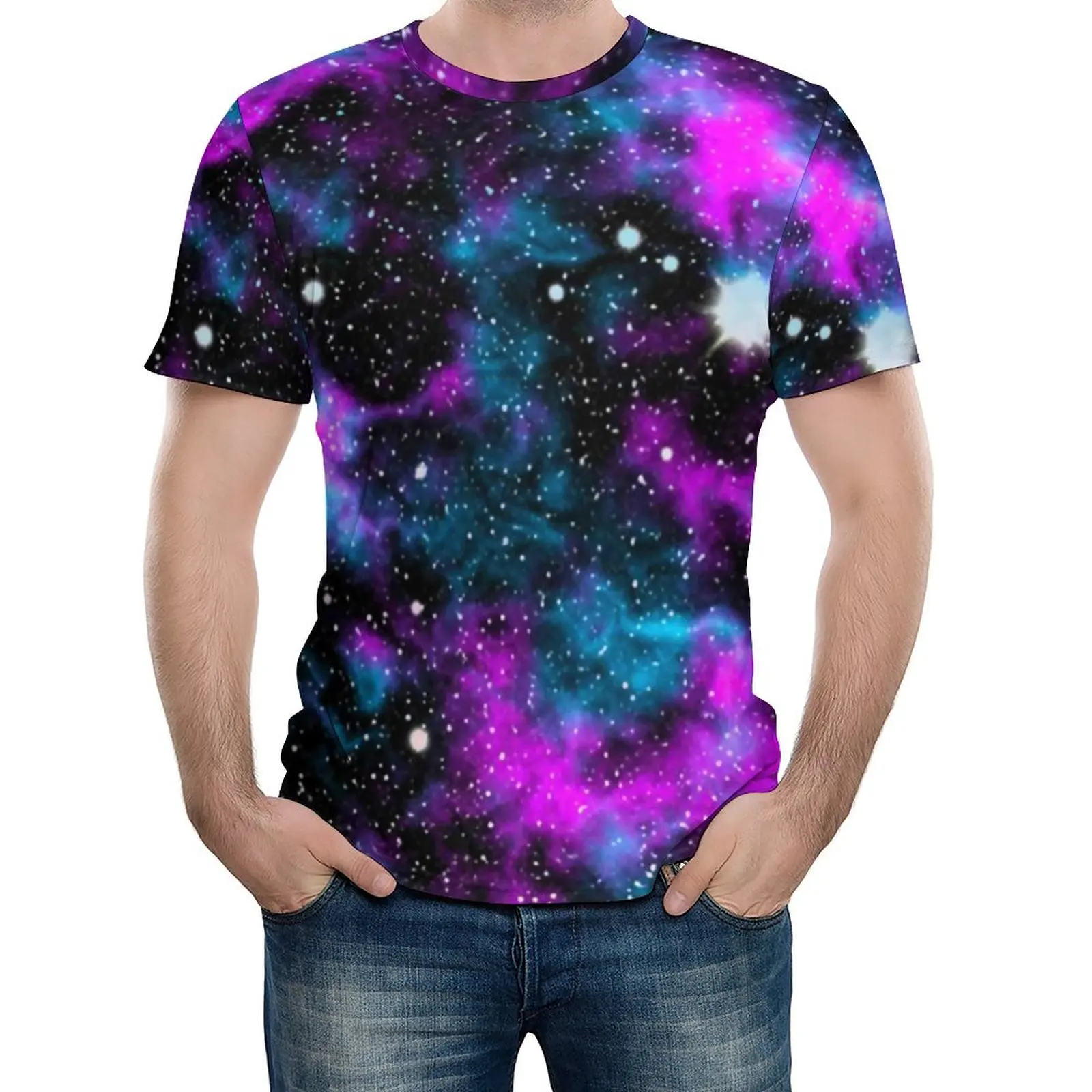 

Blue And Purple Galaxy T-Shirt Cosmic Neon Print Awesome T-Shirts O-Neck Popular Tshirt Summer Couple Design Tops Plus Size
