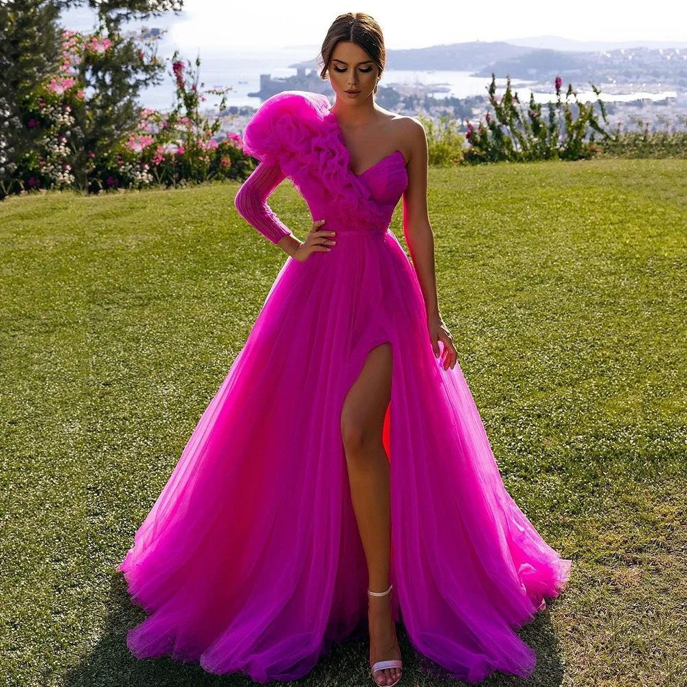 Fuchsia Long Sleeves Evening Dresses Ruffles Tulle Women Prom Gowns High Side Slit Formal Special Occasion Dress 2022
Fuchsia Long Sleeves Evening Dresses Ruffles Tulle Women Prom Gowns High Side Slit Formal Special Occasion Dress 2022