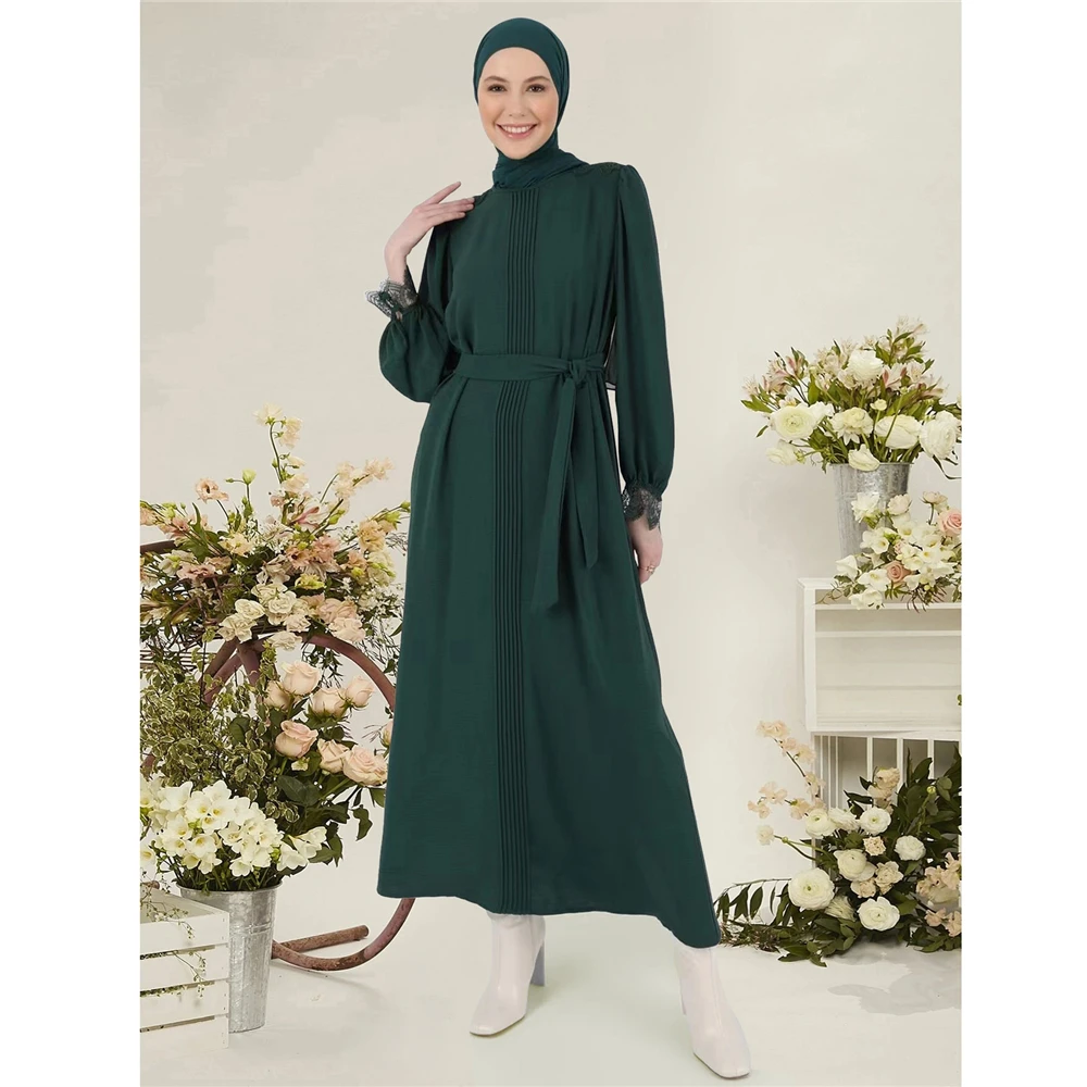 

Turkey Muslim Lace Belted Maxi Dress Women Abaya Ramadan Eid Mubarak Kaftan Dubai Vestido Islam Arab Abayas Caftan Robe Jalabiya
