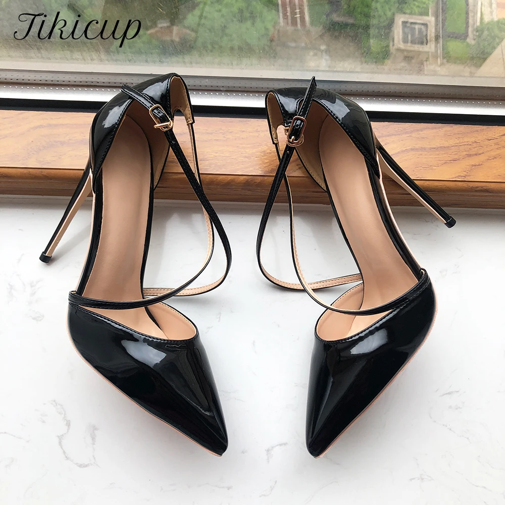 

Tikicup Instep Cross Strap Women Black Patent Pointy Toe High Heel Shoes Summer Elegant Ladies D'Orsay Stiletto Pumps for Party