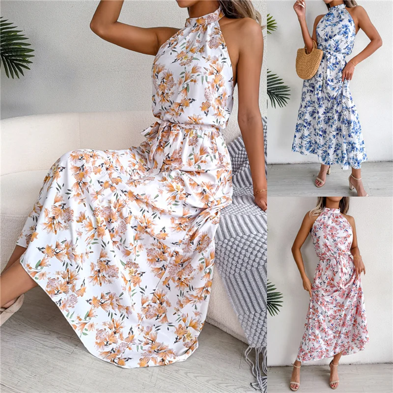 Women's Halter Dress, Sleeveless Floral Print Backless Tie-Up Loose Fit Dress with Belt, Casual Simple Boho Beach Style Dress
Women's Halter Dress, Sleeveless Floral Print Backless Tie-Up Loose Fit Dress with Belt, Casual Simple Boho Beach Style Dress