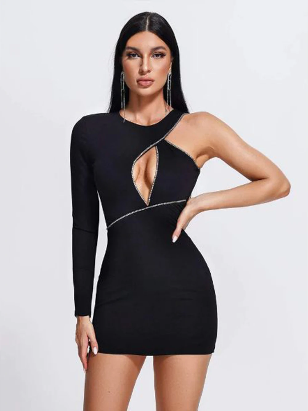 New Women Sexy Single Sleeve Key Hole Black Crystal Diamonds Mini Bodycon Bandage Dress 2022 Elegant Evening Club Party Dress
New Women Sexy Single Sleeve Key Hole Black Crystal Diamonds Mini Bodycon Bandage Dress 2022 Elegant Evening Club Party Dress
