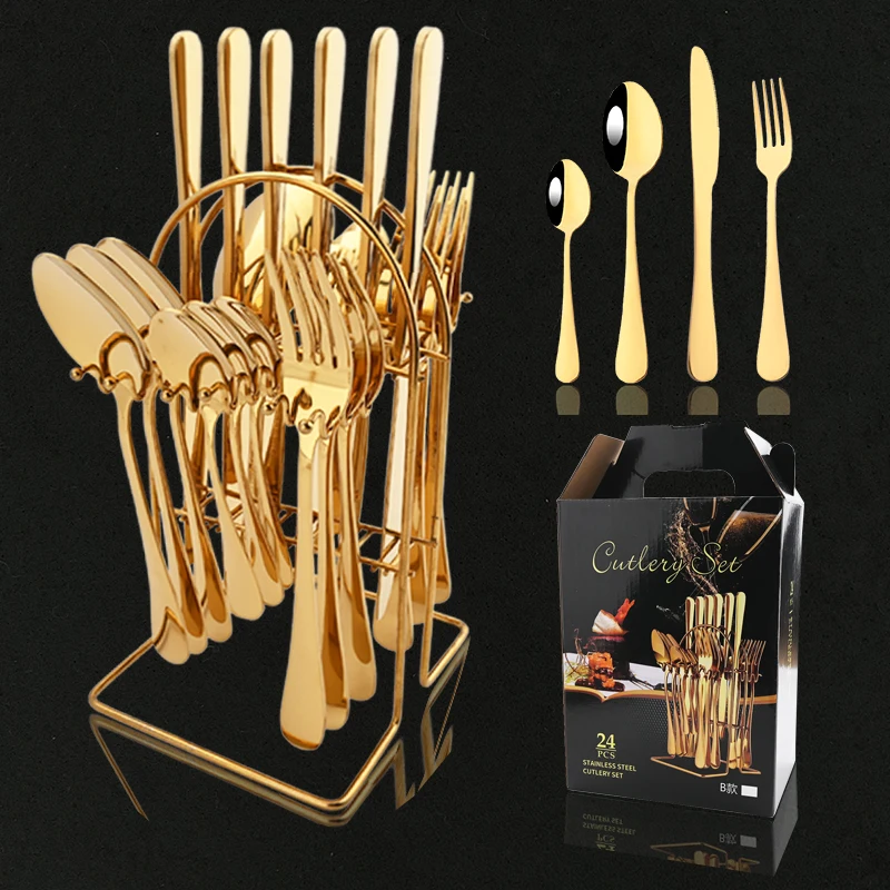 Gold 24Pcs Dinnerware Stainless Steel Western Cutlery Set Flatware Knife Fork Tea Spoon Tableware Set With Luxury Storage Rack
Gold 24Pcs Dinnerware Stainless Steel Western Cutlery Set Flatware Knife Fork Tea Spoon Tableware Set With Luxury Storage Rack