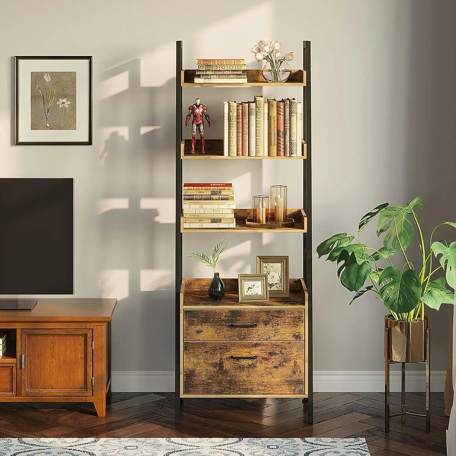 with Drawers, 4 Tier Ladder Bookshelf, Industrial Bookcases, Freestanding Display Plant Shelves with Metal Frame for Living Room
with Drawers, 4 Tier Ladder Bookshelf, Industrial Bookcases, Freestanding Display Plant Shelves with Metal Frame for Living Room