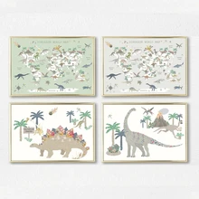 Dinosaur Poster World Map Prints Nursery Bedroom Playroom Wall Stickers Canvas Painting Pictures for Boy Kids Room Decoration