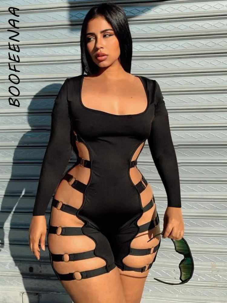 

BOOFEENAA All Black Jumpsuit Side Cut Out Bandage Long Sleeve Romper Women Short Club Outfits 2023 Sexy Rave Festival C16-DZ25