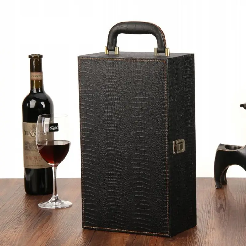 

Wine Bottle Box Leather Luxury Bag 2 Red Wine Champagne Tote Carrier Handle Travel Case Organizer Gift
