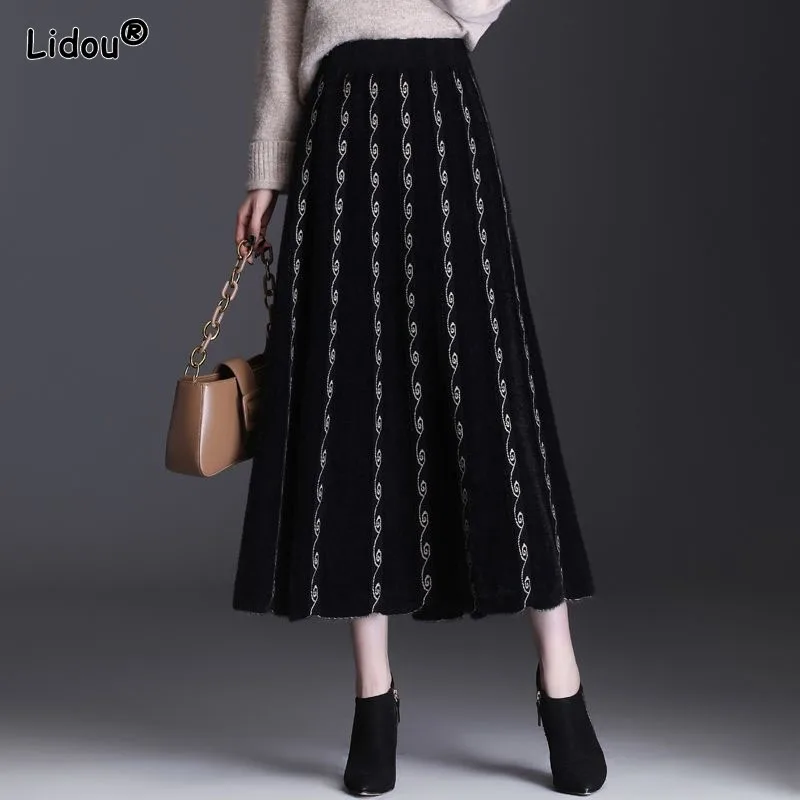 

Big Hem Bright Decoration Knitting Empire Folds A-line Skirt Elegant Fashion Striped Ankle-length Autumn Winter Women's Clothing