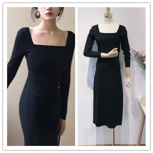 Retro Black Color Knit Fabric Women Long Dress Square Neck Full Sleeves ELegant Lady Formal Casual Dresses Clothes 
Retro Black Color Knit Fabric Women Long Dress Square Neck Full Sleeves ELegant Lady Formal Casual Dresses Clothes