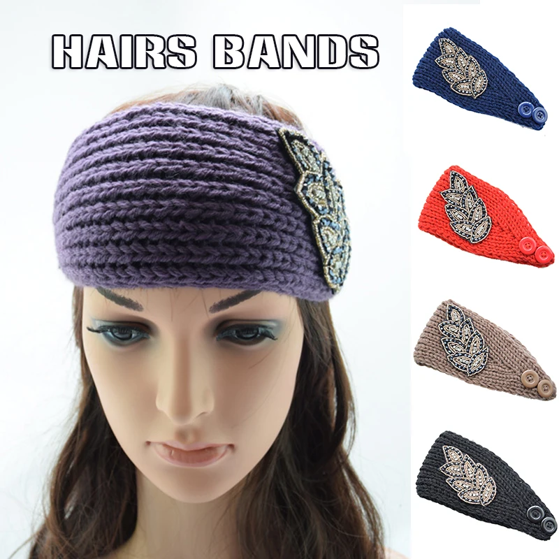 

Newly Vintage Knitted Headbands Women Stretchy Wide Headwrap Embroidery Leaves Hair Accessories for All Hair Daily Use