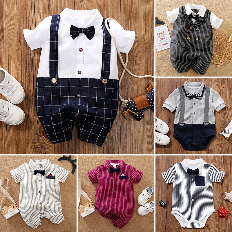 

Newborn Babies 0 To 3 Months Baby Summer CrawlSuit Baby Gentleman's Suit Thin British Onesie Harley Coat Dress Baby Boy Clothes