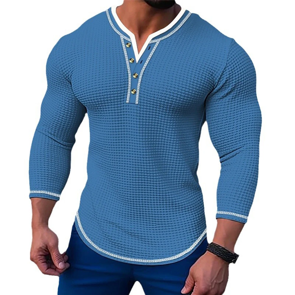 

Fashion Men's Henley Collar T-Shirts Casual Waffle Slim Fit Long Sleeve V Neck Button Tees Tops Pullover T Shirt Clothing