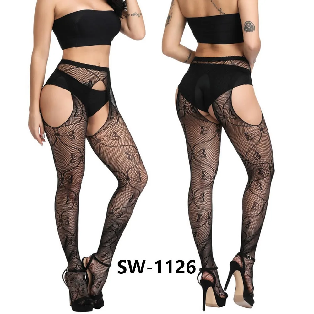 

Lady Sexy Fashion Elastic Fishnet Conjoined Garter Black Stockings Pantyhoses Lace Mesh Jacquard Women Bottoming Body Long Socks