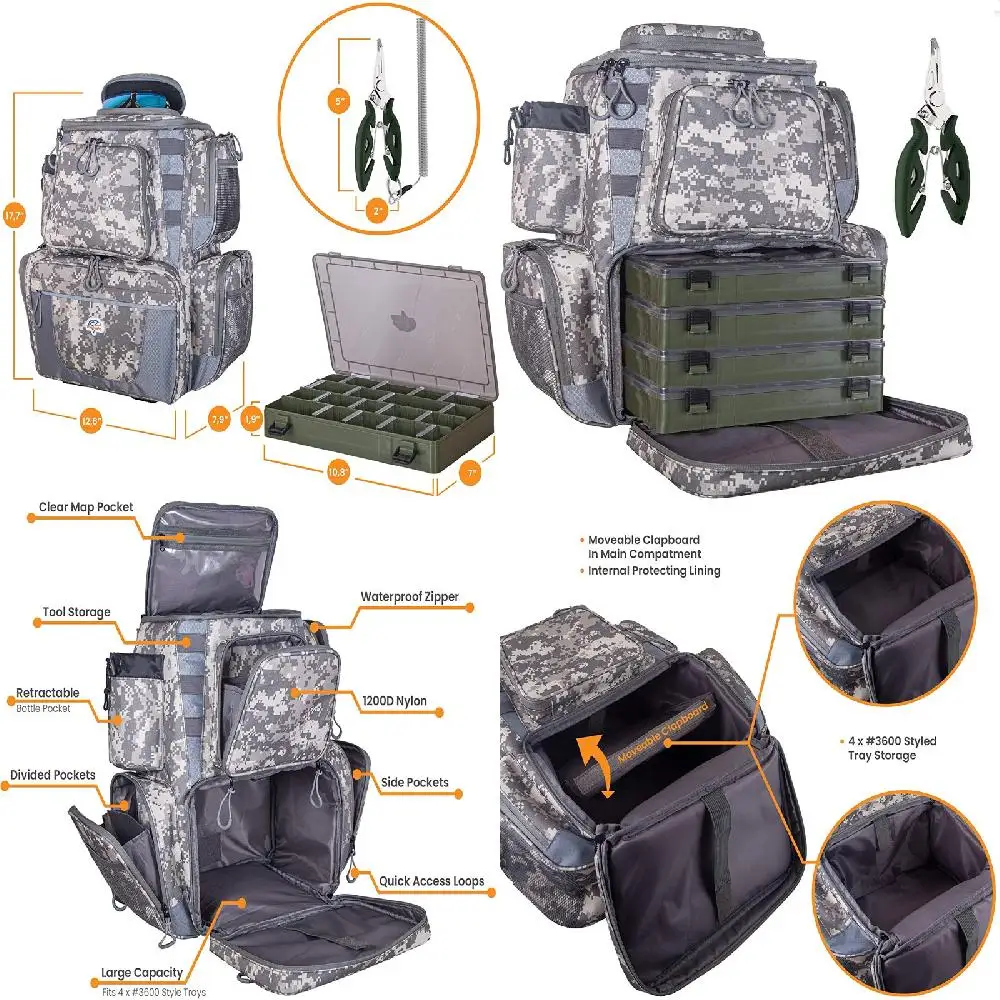 Pliers. Amazing Digital Camo Waterproof Fishing Backpack with 4 Tackle Boxes, Protective Rain Cover & Stainless Steel Fishing Pl
Pliers. Amazing Digital Camo Waterproof Fishing Backpack with 4 Tackle Boxes, Protective Rain Cover & Stainless Steel Fishing Pl