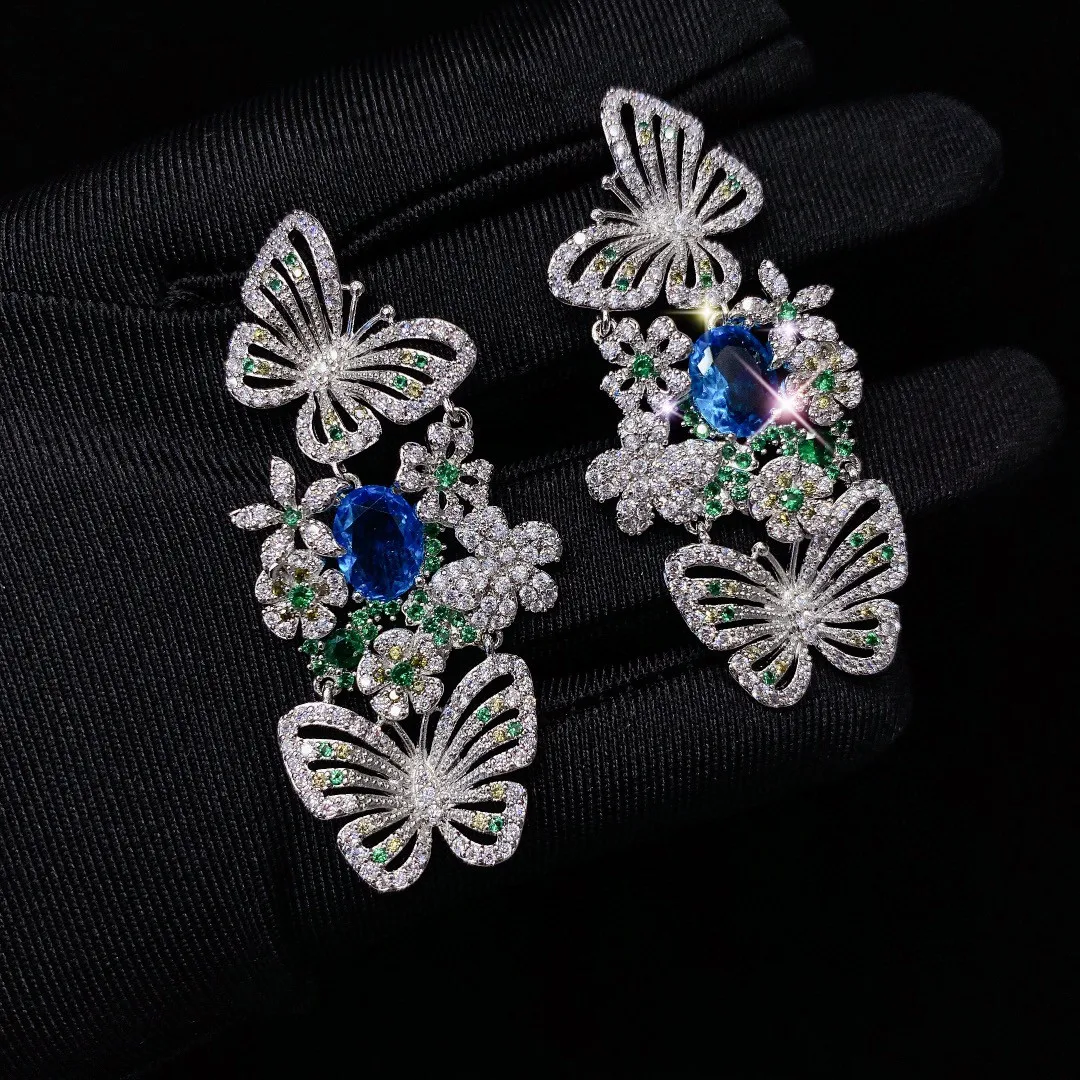 

925 Silver Earrings for Women Fashion Temperament Flower Earrings Delicate Cubic Zirconia Butterfly Earings Valentine's Day Gift