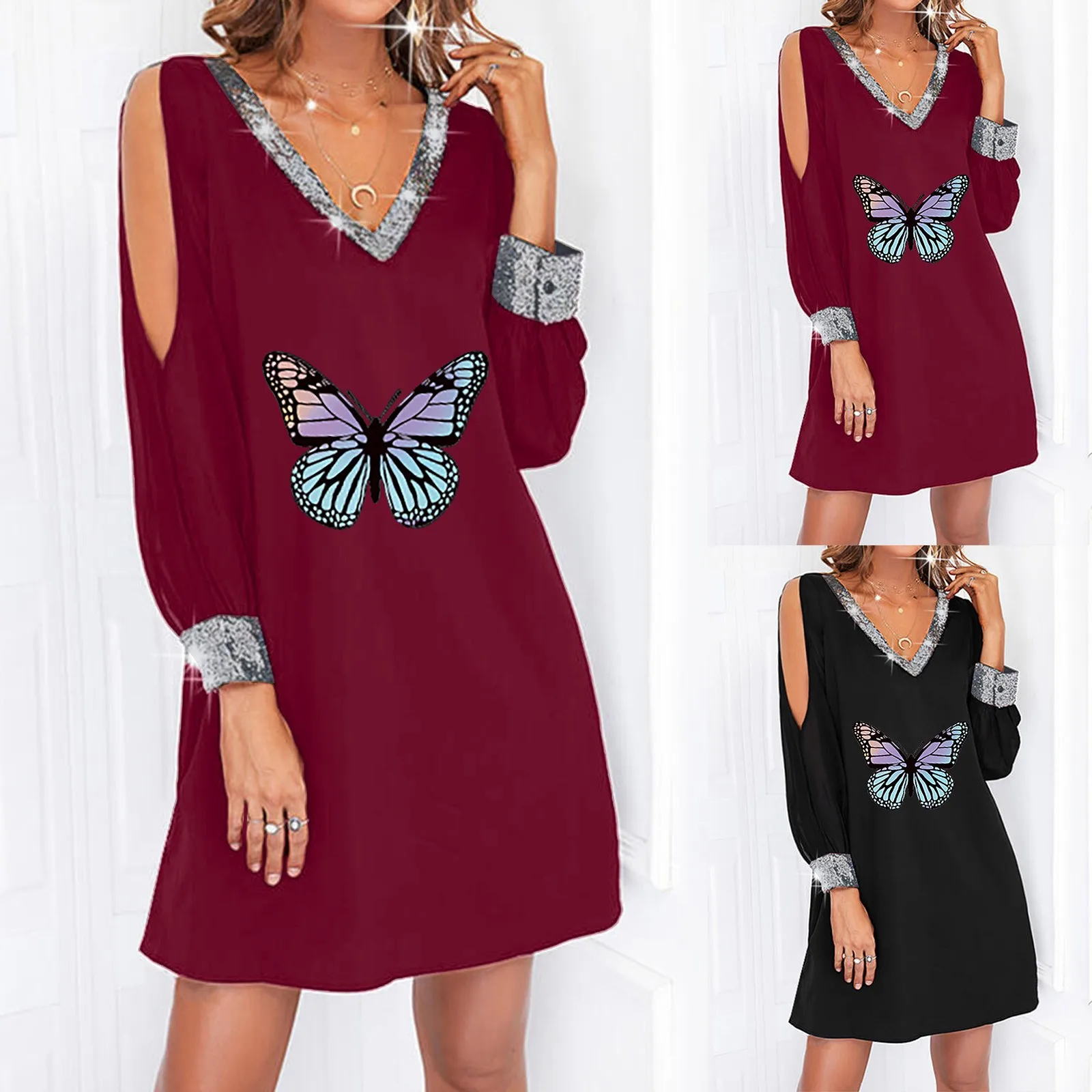 Women V Neck Dress Paillette Long Sleeve Butterfly Print Off Shoulder Dress Sexy Summer Dresses for Women Ladies Causal Dresses
Women V Neck Dress Paillette Long Sleeve Butterfly Print Off Shoulder Dress Sexy Summer Dresses for Women Ladies Causal Dresses